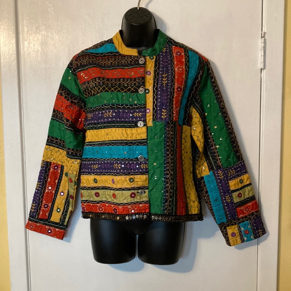 Vintage Chico’s Women’s Patchwork Sequin & Mirror Asian-Inspired Neckline Blazer